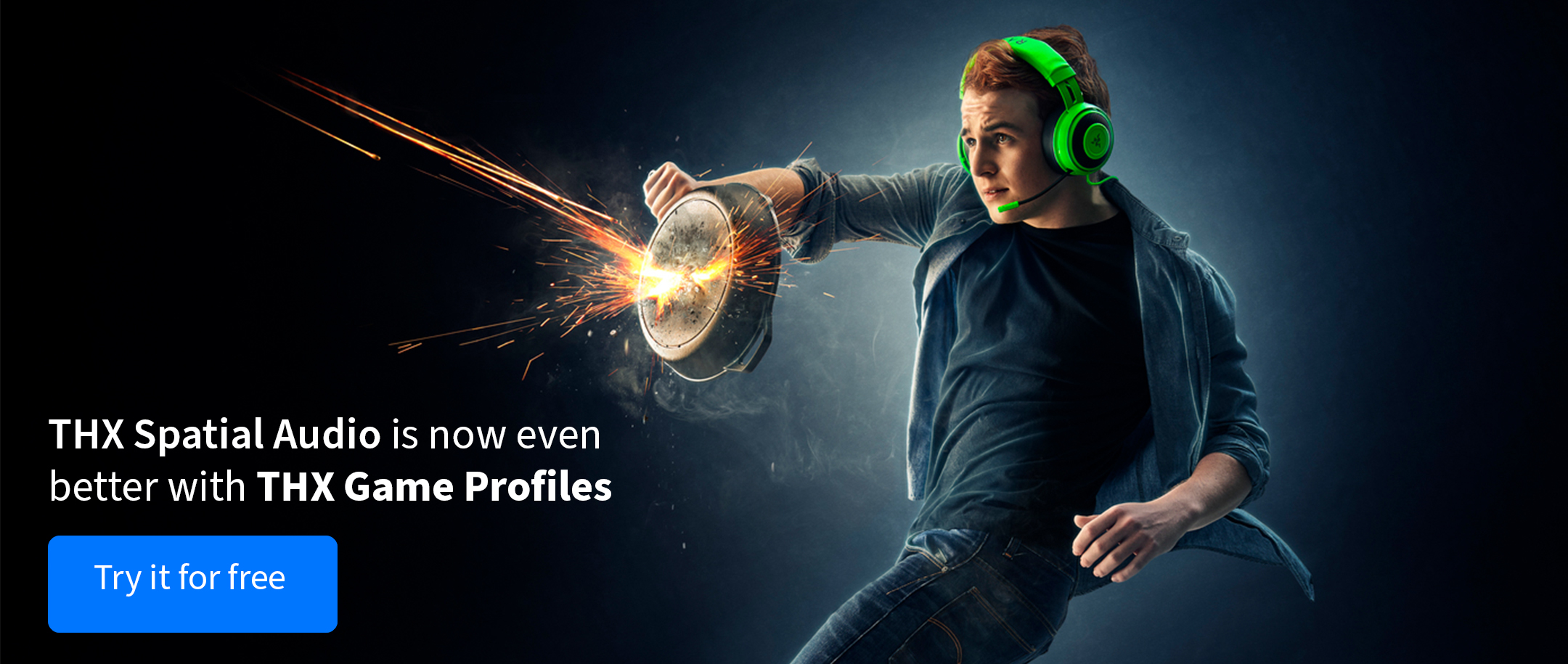 Man holding frying pan with Razer Kraken TE headset with THX Spatial Audio