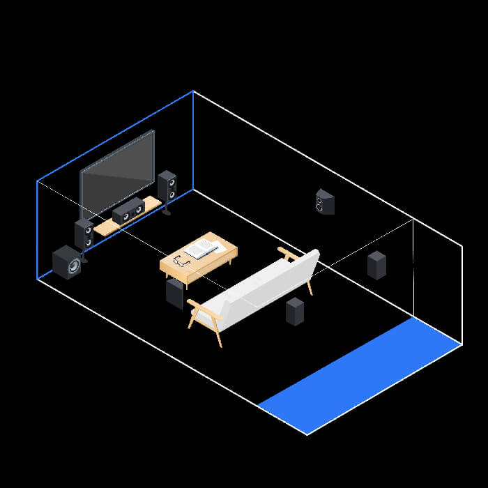 Diagram of a 7.1 surround sound system in a large home theater with a ten-foot viewing distance