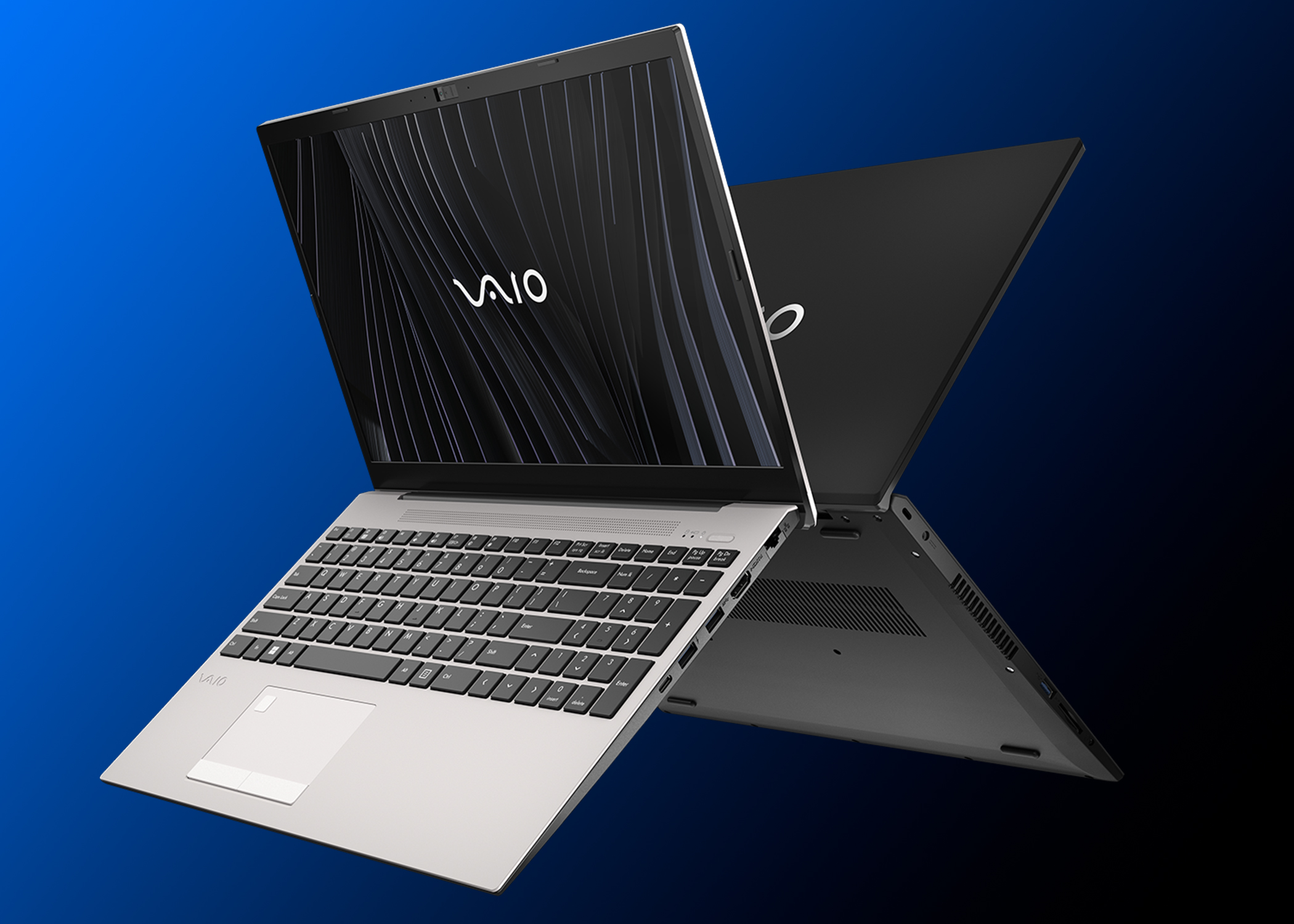 VAIO laptops on a blue and black background