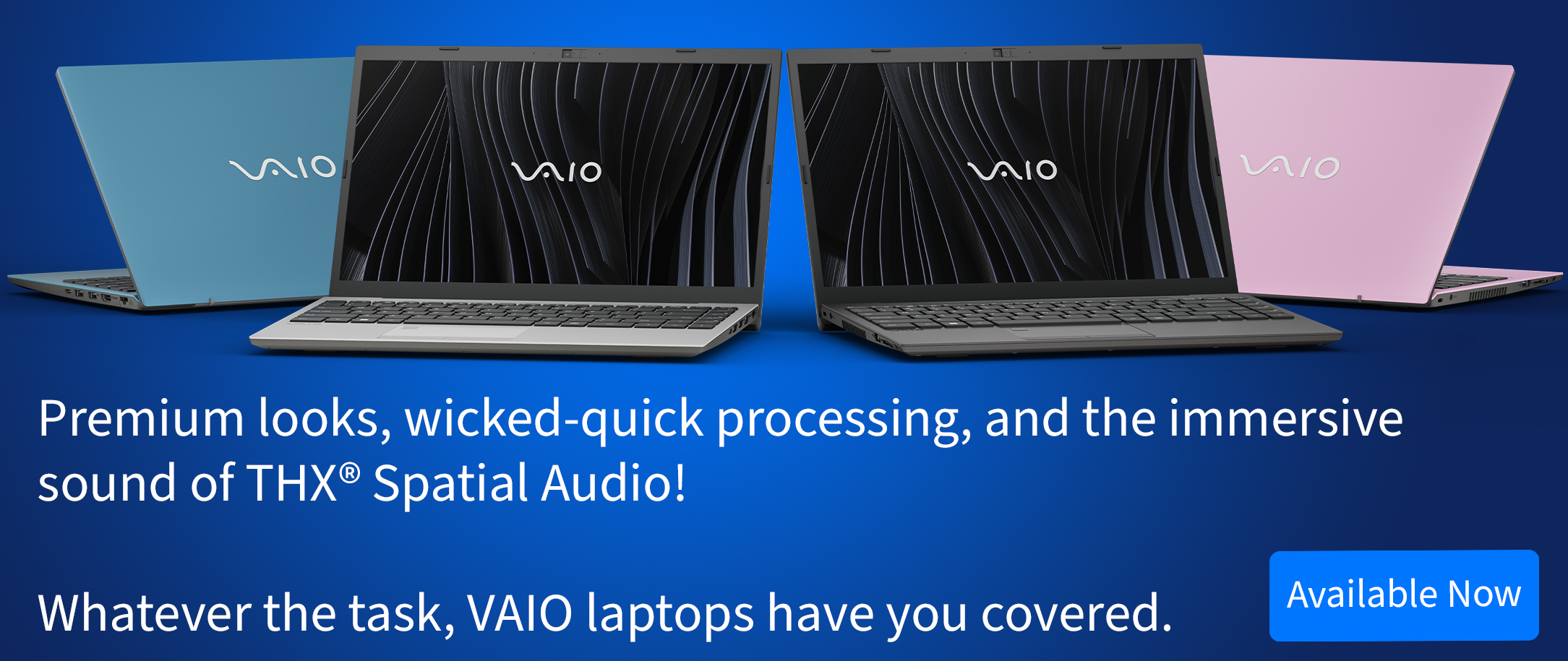 Four VAIO laptops on a blue field