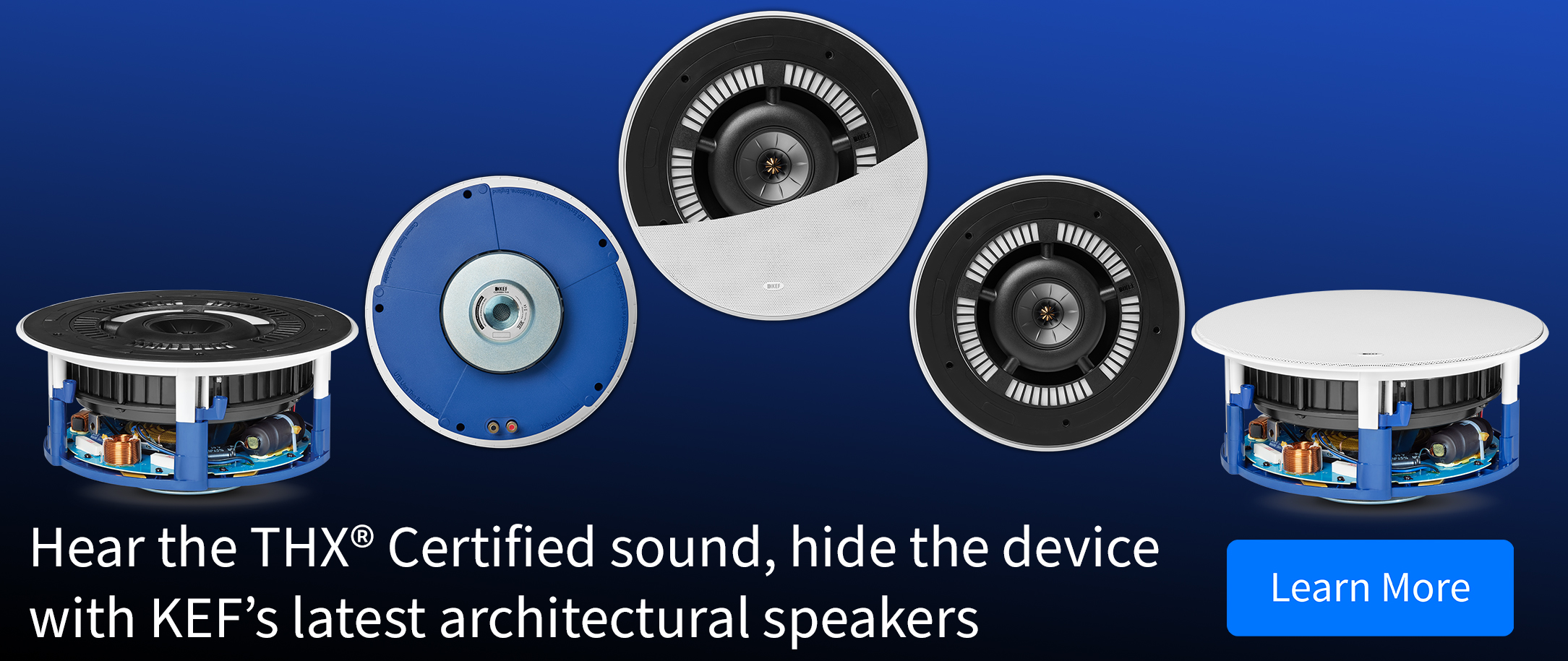 KEF architectural speakers on a blue and black background