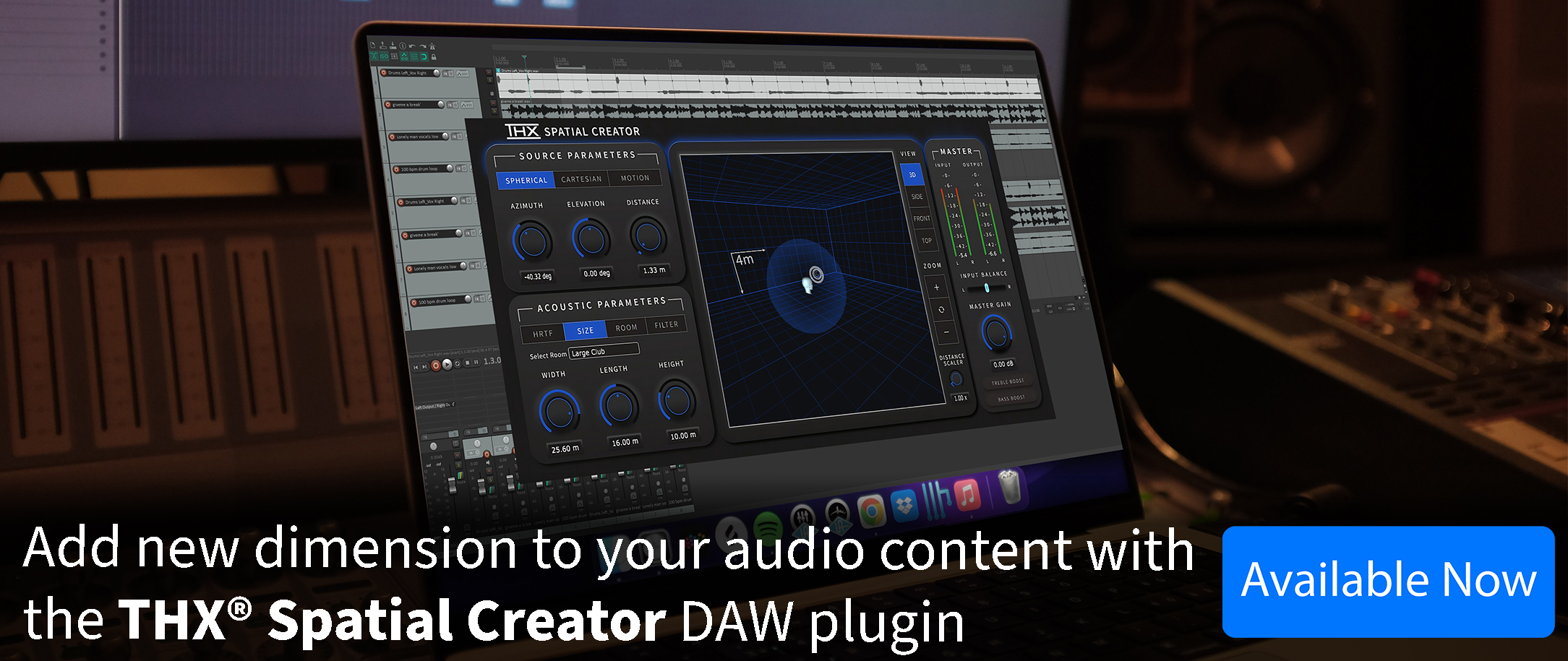 THX Spatial Creator on a laptop in a music recording studio